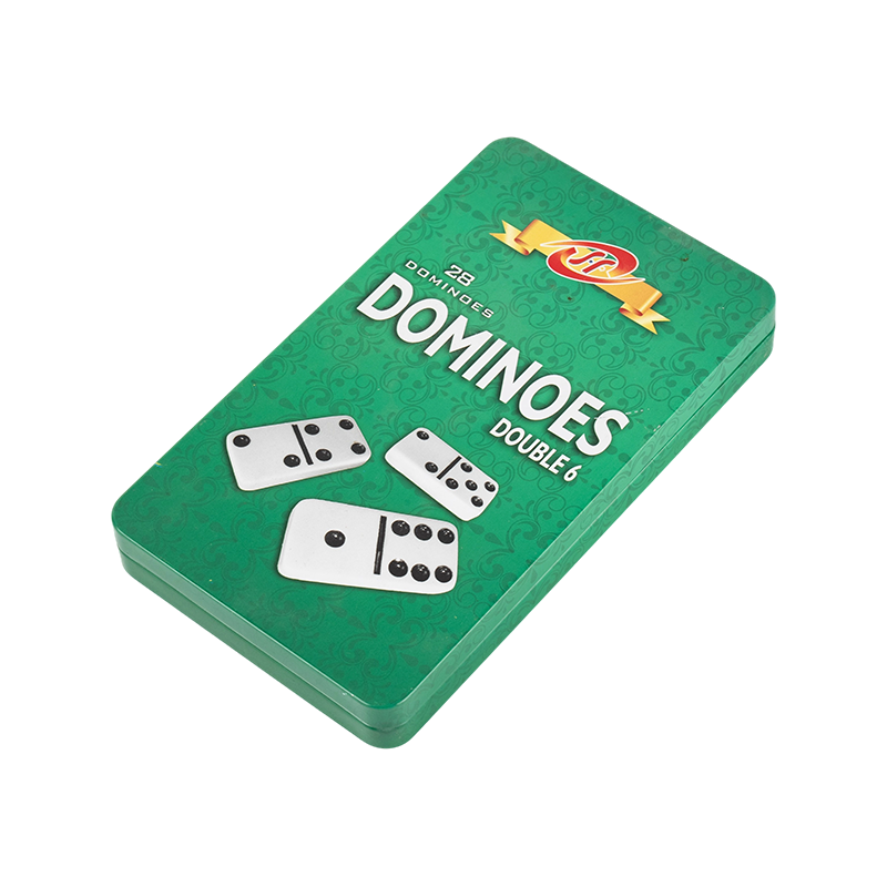 Dúbailte sé domino i mbosca iarainn ghlas faiseanta do chluichí teaghlaigh